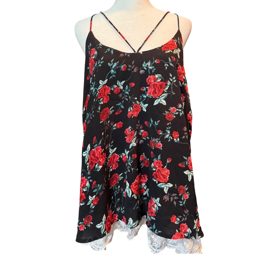Umgee Floral Rose Print Lace Trim Strappy T-Back Camisole Tank Top Black Small
